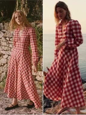 Doen NEW Charleston dress Alsace plaid 100% organic cotton red white fall size M